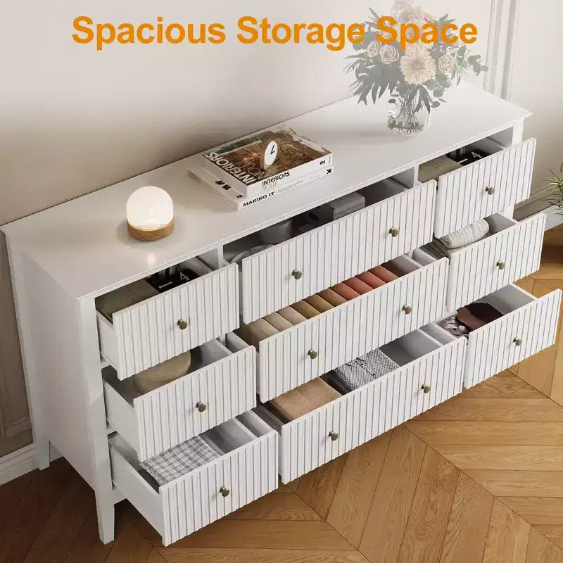 Fluted 9-Drawer Dresser, 59" Wide Chest of Drawers with Metal Handles, Storage Organizer for Bedroom, Living Room and Entryway, White