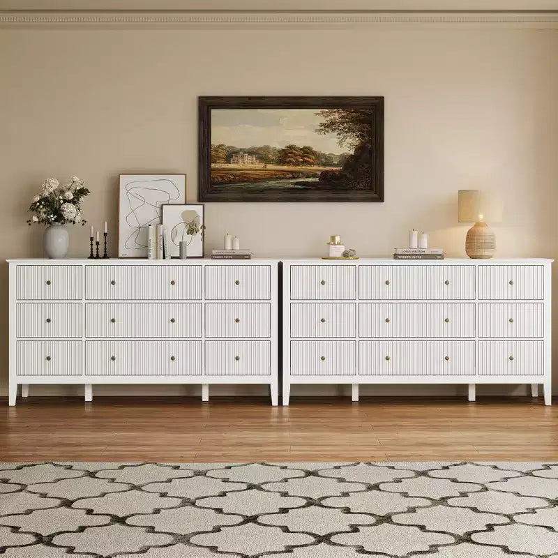 Fluted 9-Drawer Dresser, 59" Wide Chest of Drawers with Metal Handles, Storage Organizer for Bedroom, Living Room and Entryway, White