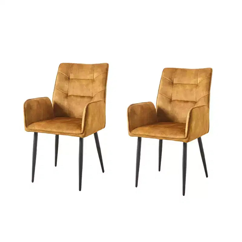 Set of 2 Velvet Upholstered Dining Chairs with Iron Frame – Armless & Arm Chair Options, Yellow/Gray