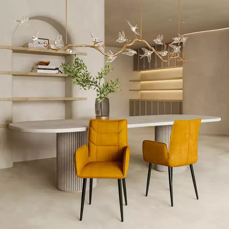 Set of 2 Velvet Upholstered Dining Chairs with Iron Frame – Armless & Arm Chair Options, Yellow/Gray