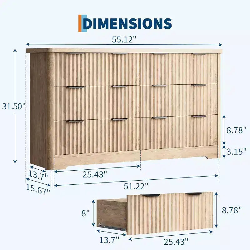 Fluted 6-Drawer Dresser with Wavy Design and Wood Top