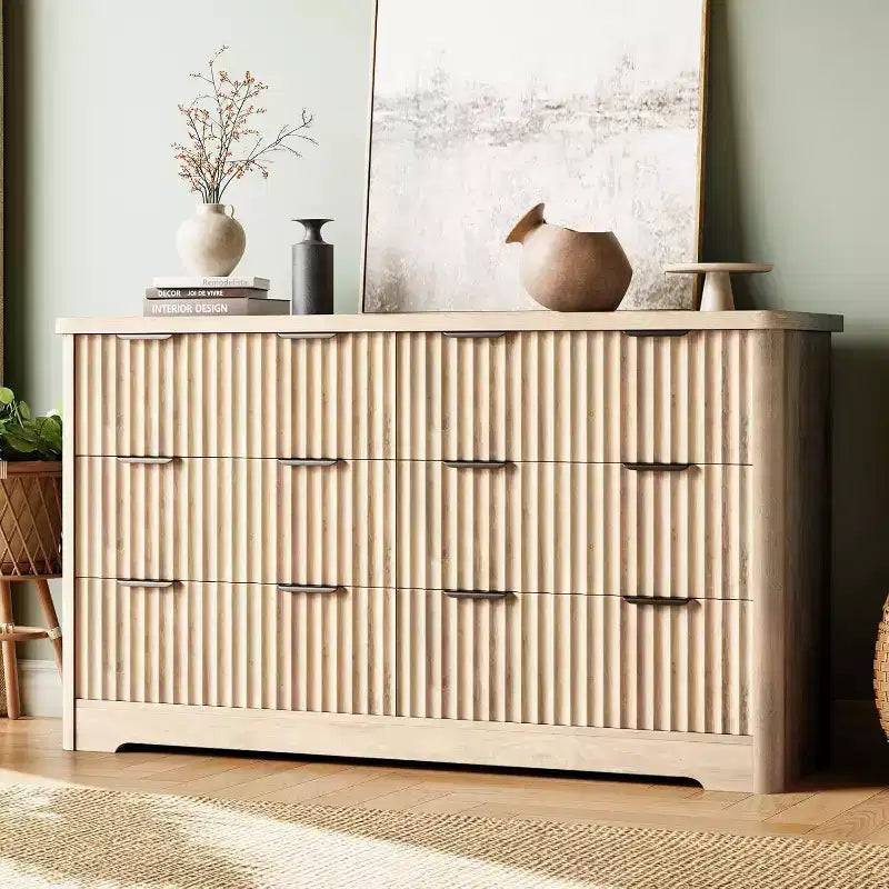 Fluted 6-Drawer Dresser with Wavy Design and Wood Top