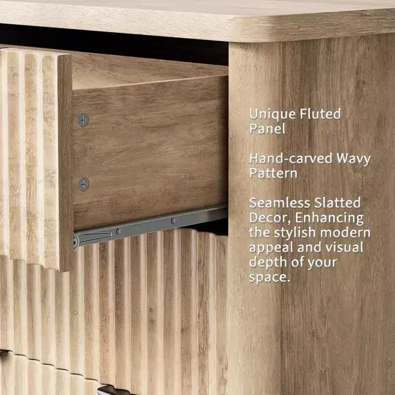 Fluted 6-Drawer Dresser with Wavy Design and Wood Top