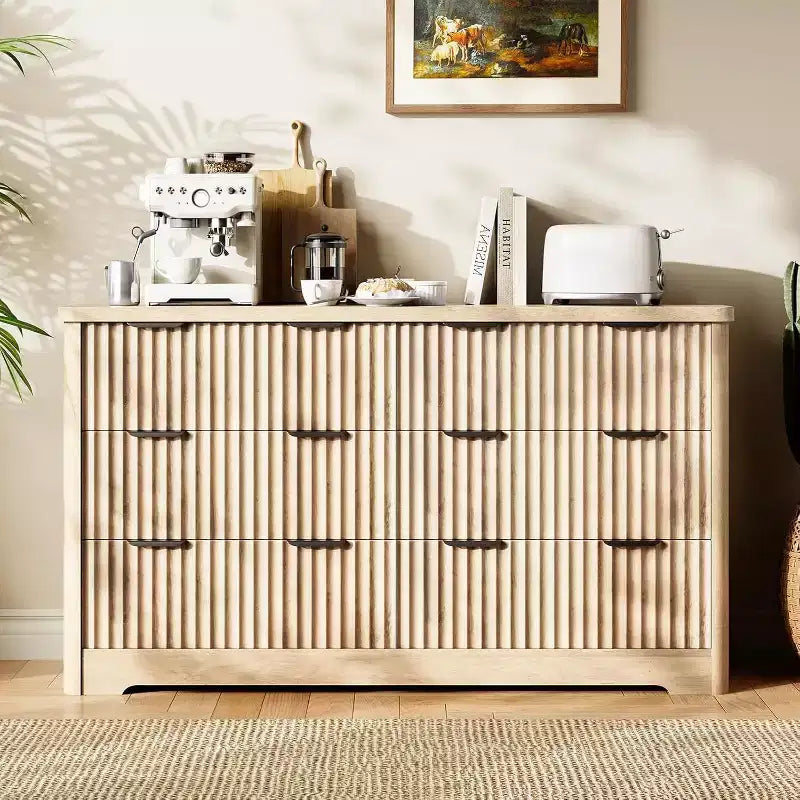 Fluted 6-Drawer Dresser with Wavy Design and Wood Top