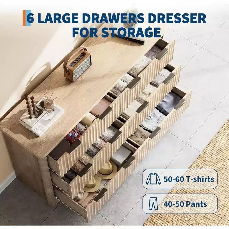 Fluted 6-Drawer Dresser with Wavy Design and Wood Top