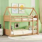 Twin Size Floor Bunk Bed with Ladder and Guardrails, House-Shaped Frame, Beige