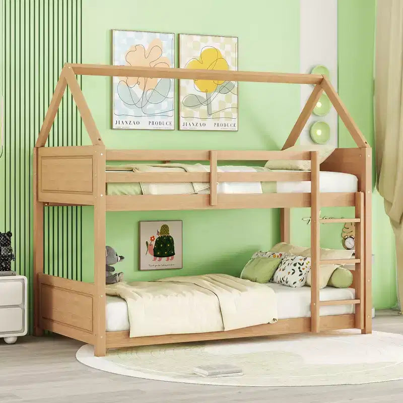 Twin Size Floor Bunk Bed with Ladder and Guardrails, House-Shaped Frame, Beige