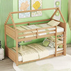 Twin Size Floor Bunk Bed with Ladder and Guardrails, House-Shaped Frame, Beige