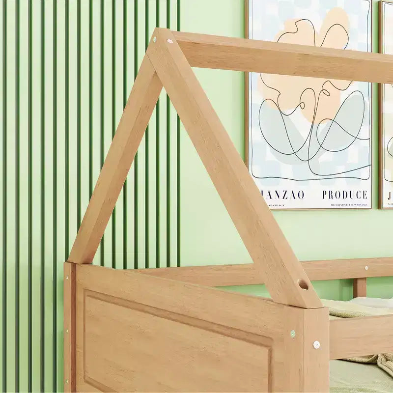 Twin Size Floor Bunk Bed with Ladder and Guardrails, House-Shaped Frame, Beige