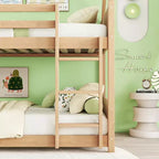 Twin Size Floor Bunk Bed with Ladder and Guardrails, House-Shaped Frame, Beige