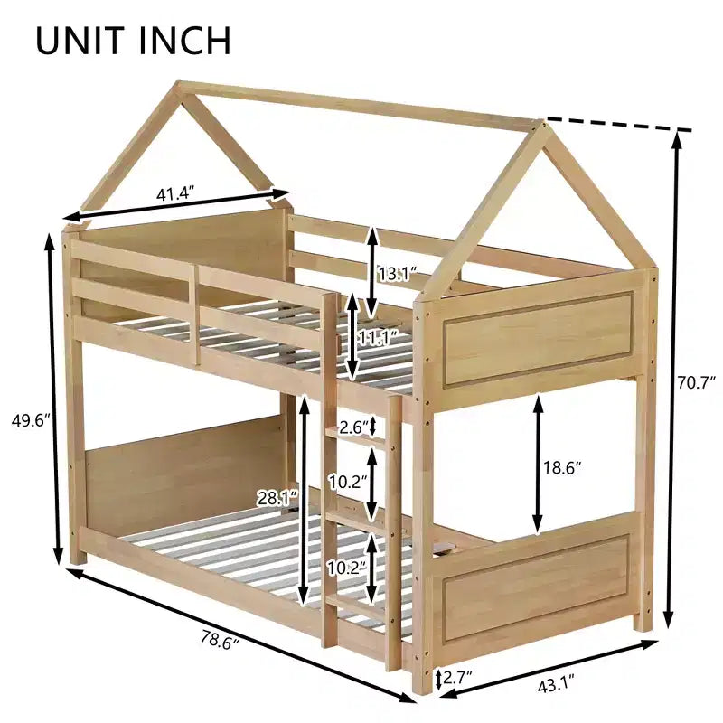 Twin Size Floor Bunk Bed with Ladder and Guardrails, House-Shaped Frame, Beige