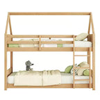 Twin Size Floor Bunk Bed with Ladder and Guardrails, House-Shaped Frame, Beige