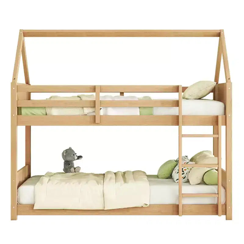 Twin Size Floor Bunk Bed with Ladder and Guardrails, House-Shaped Frame, Beige