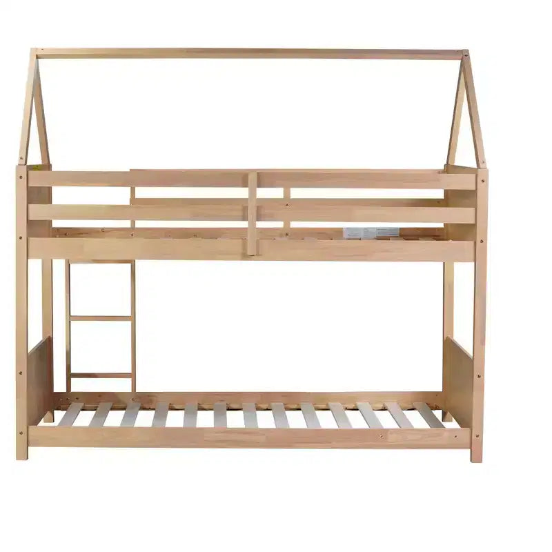 Twin Size Floor Bunk Bed with Ladder and Guardrails, House-Shaped Frame, Beige