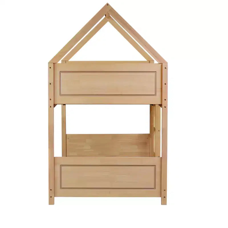 Twin Size Floor Bunk Bed with Ladder and Guardrails, House-Shaped Frame, Beige