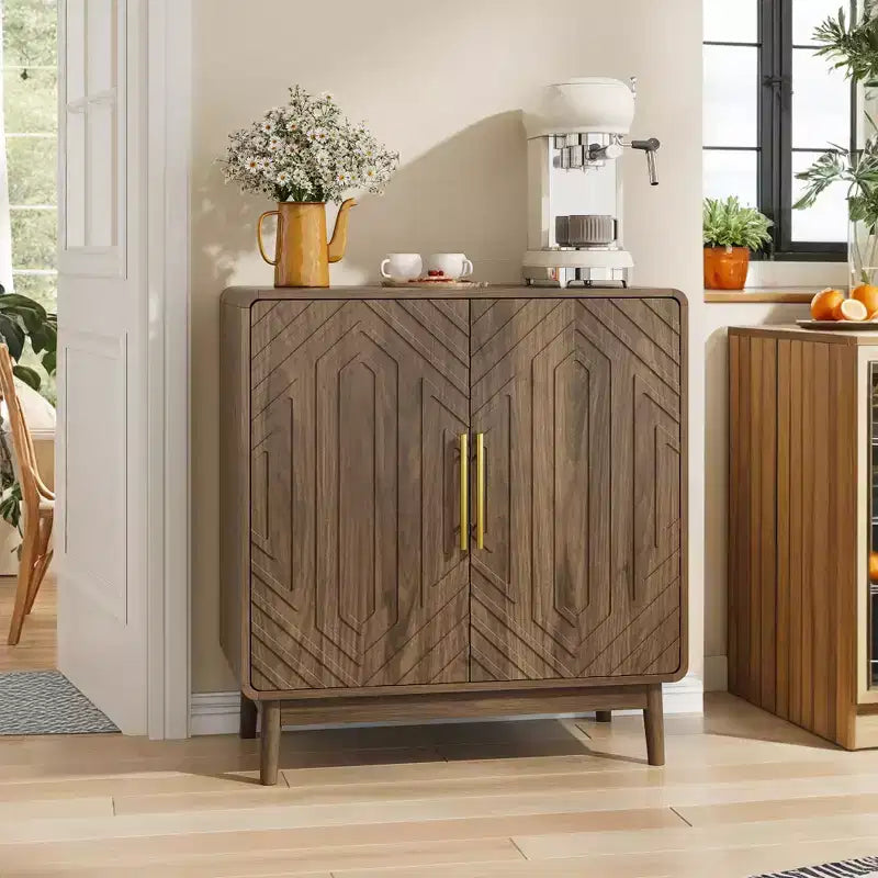 Rustic Carved Doors Wood Storage Cabinet with Adjustable Shelves