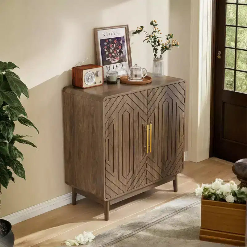 Rustic Carved Doors Wood Storage Cabinet with Adjustable Shelves