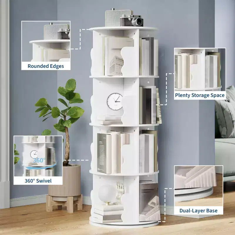 4-Tier Rotating Bookshelf Tower with 360° Spinning Base
