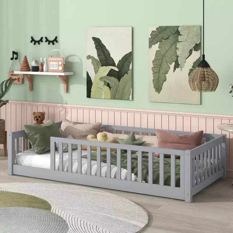 Twin Floor Bed with Fence, Rubberwood Frame, Gray