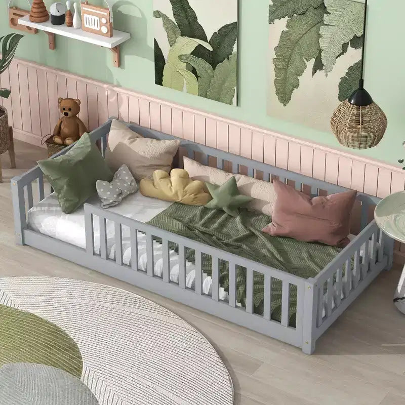Twin Floor Bed with Fence, Rubberwood Frame, Gray