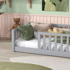 Twin Floor Bed with Fence, Rubberwood Frame, Gray