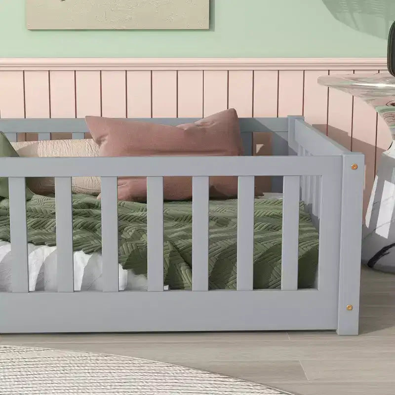 Twin Floor Bed with Fence, Rubberwood Frame, Gray