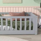 Twin Floor Bed with Fence, Rubberwood Frame, Gray