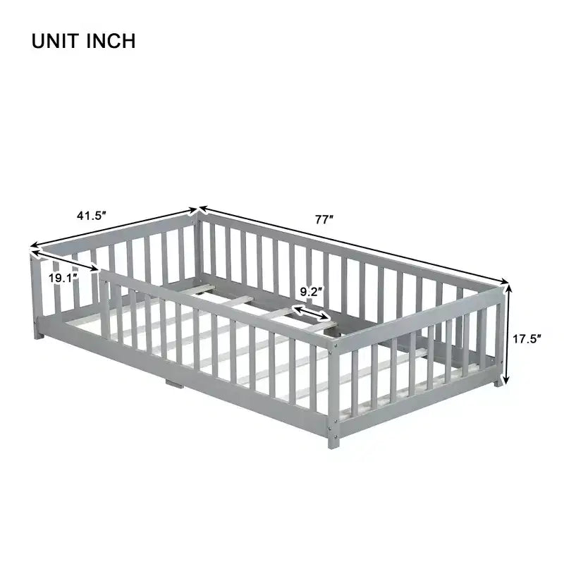 Twin Floor Bed with Fence, Rubberwood Frame, Gray