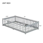 Twin Floor Bed with Fence, Rubberwood Frame, Gray
