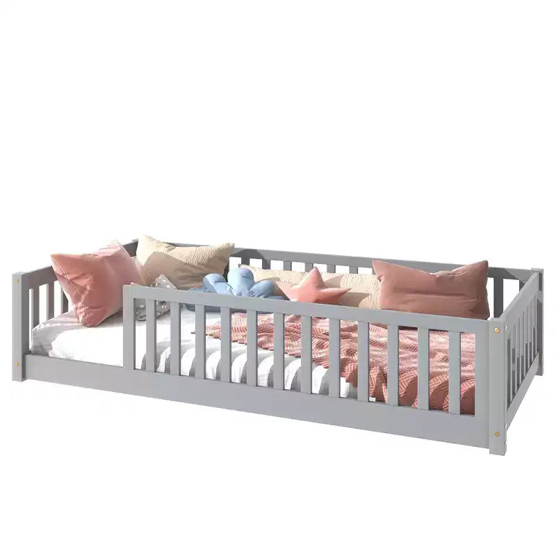 Twin Floor Bed with Fence, Rubberwood Frame, Gray