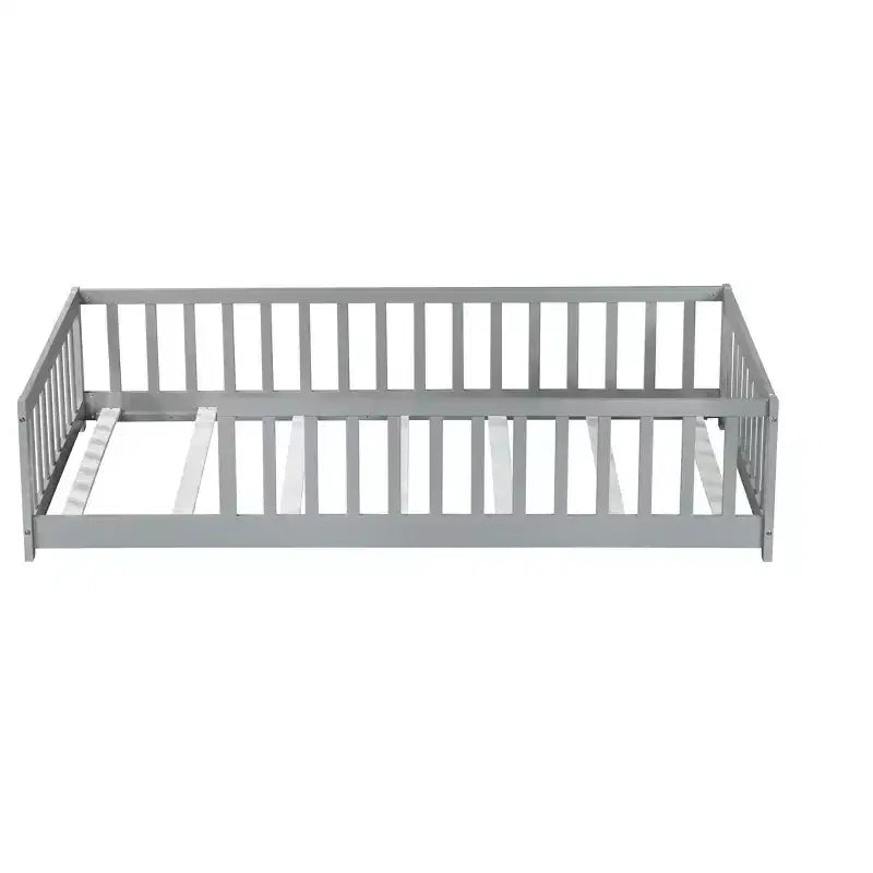 Twin Floor Bed with Fence, Rubberwood Frame, Gray