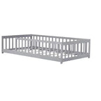Twin Floor Bed with Fence, Rubberwood Frame, Gray
