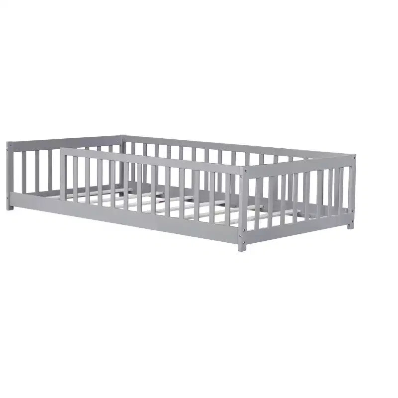 Twin Floor Bed with Fence, Rubberwood Frame, Gray