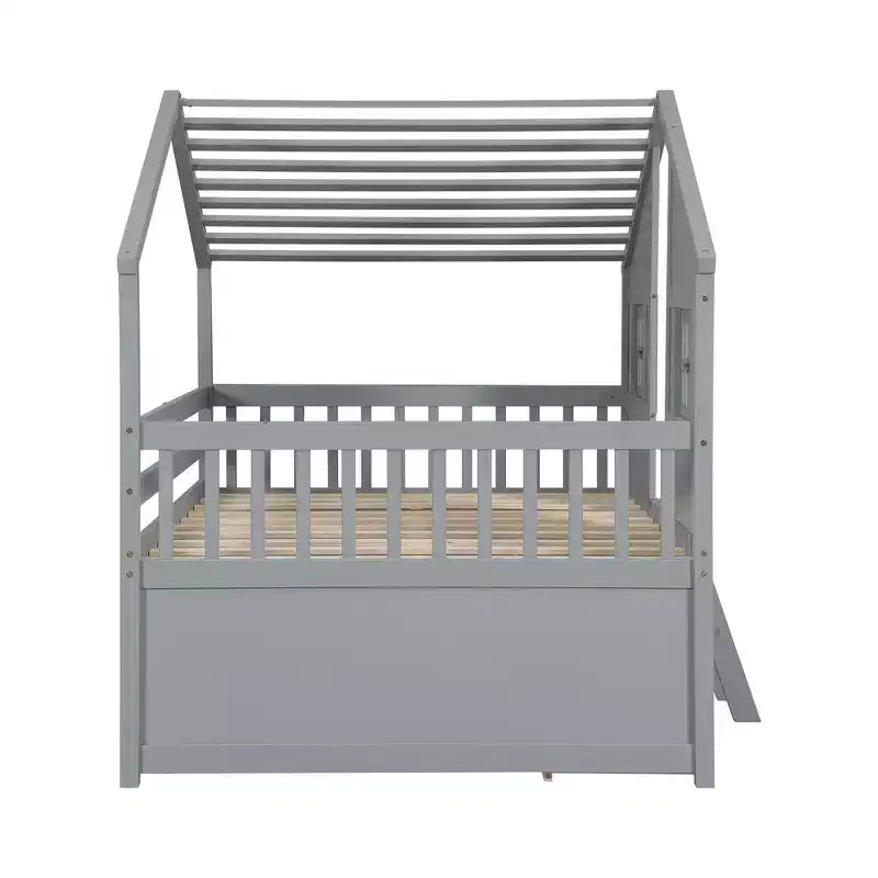 Full Size House Loft Bed with Roof, Windows, 4 Drawers and Guardrails for Children