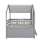Full Size House Loft Bed with Roof, Windows, 4 Drawers and Guardrails for Children
