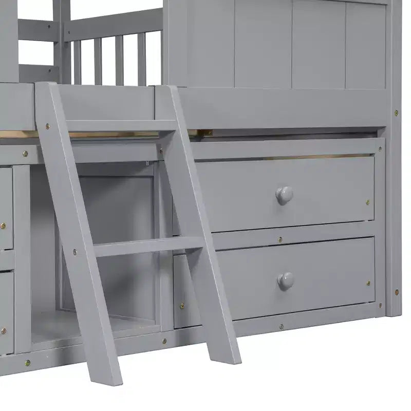 Full Size House Loft Bed with Roof, Windows, 4 Drawers and Guardrails for Children