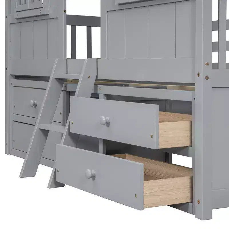 Full Size House Loft Bed with Roof, Windows, 4 Drawers and Guardrails for Children