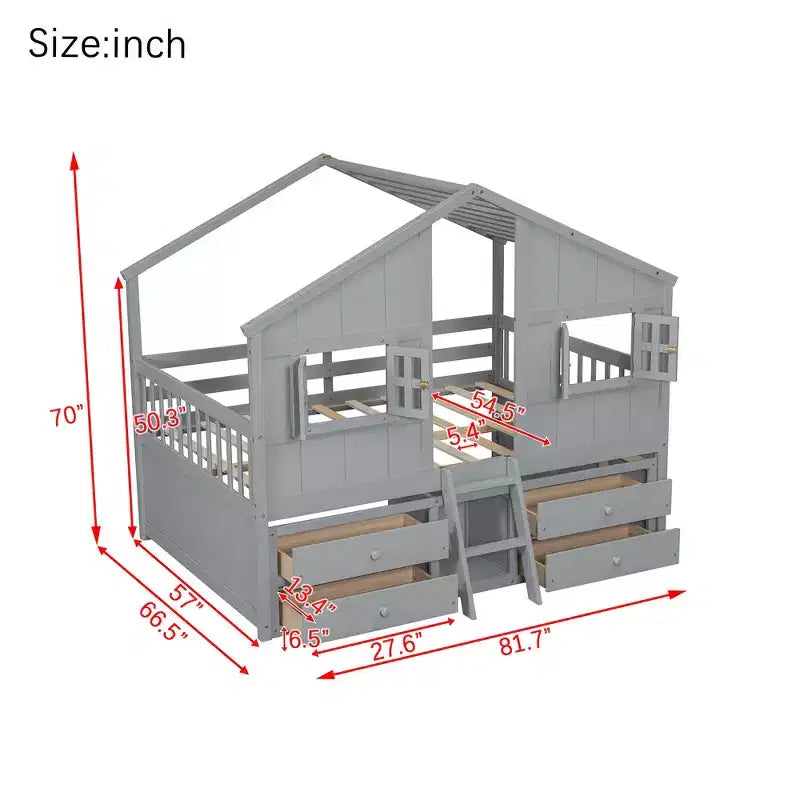 Full Size House Loft Bed with Roof, Windows, 4 Drawers and Guardrails for Children