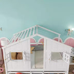 Full Size House Loft Bed with Roof, Windows, 4 Drawers and Guardrails for Children