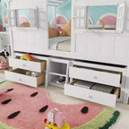 Full Size House Loft Bed with Roof, Windows, 4 Drawers and Guardrails for Children