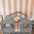 Full Size House Loft Bed with Roof, Windows, 4 Drawers and Guardrails for Children