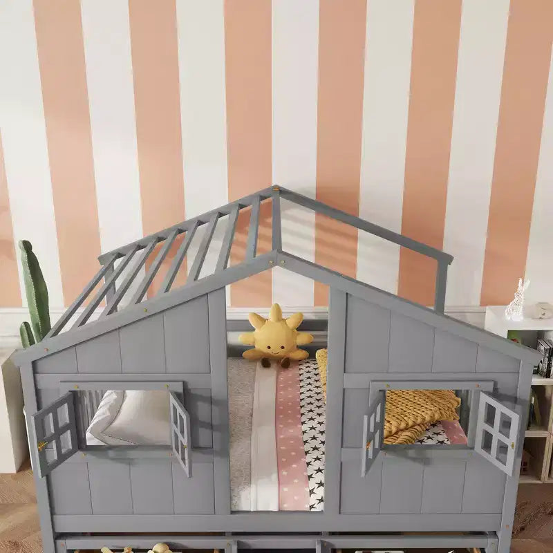 Full Size House Loft Bed with Roof, Windows, 4 Drawers and Guardrails for Children