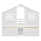 Full Size House Loft Bed with Roof, Windows, 4 Drawers and Guardrails for Children