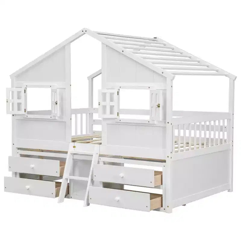 Full Size House Loft Bed with Roof, Windows, 4 Drawers and Guardrails for Children