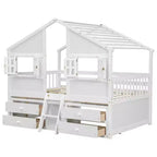 Full Size House Loft Bed with Roof, Windows, 4 Drawers and Guardrails for Children