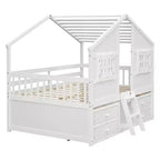 Full Size House Loft Bed with Roof, Windows, 4 Drawers and Guardrails for Children