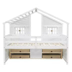 Full Size House Loft Bed with Roof, Windows, 4 Drawers and Guardrails for Children