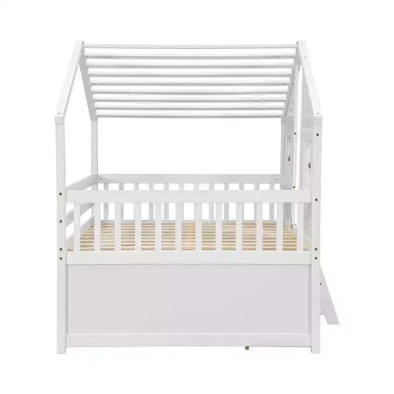 Full Size House Loft Bed with Roof, Windows, 4 Drawers and Guardrails for Children