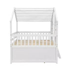 Full Size House Loft Bed with Roof, Windows, 4 Drawers and Guardrails for Children