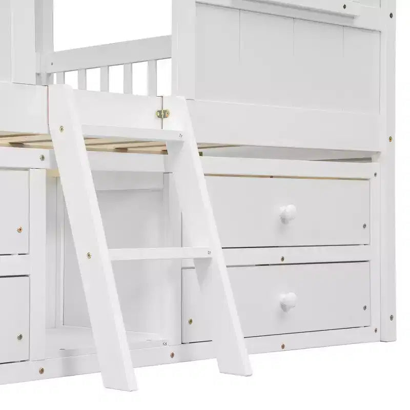 Full Size House Loft Bed with Roof, Windows, 4 Drawers and Guardrails for Children